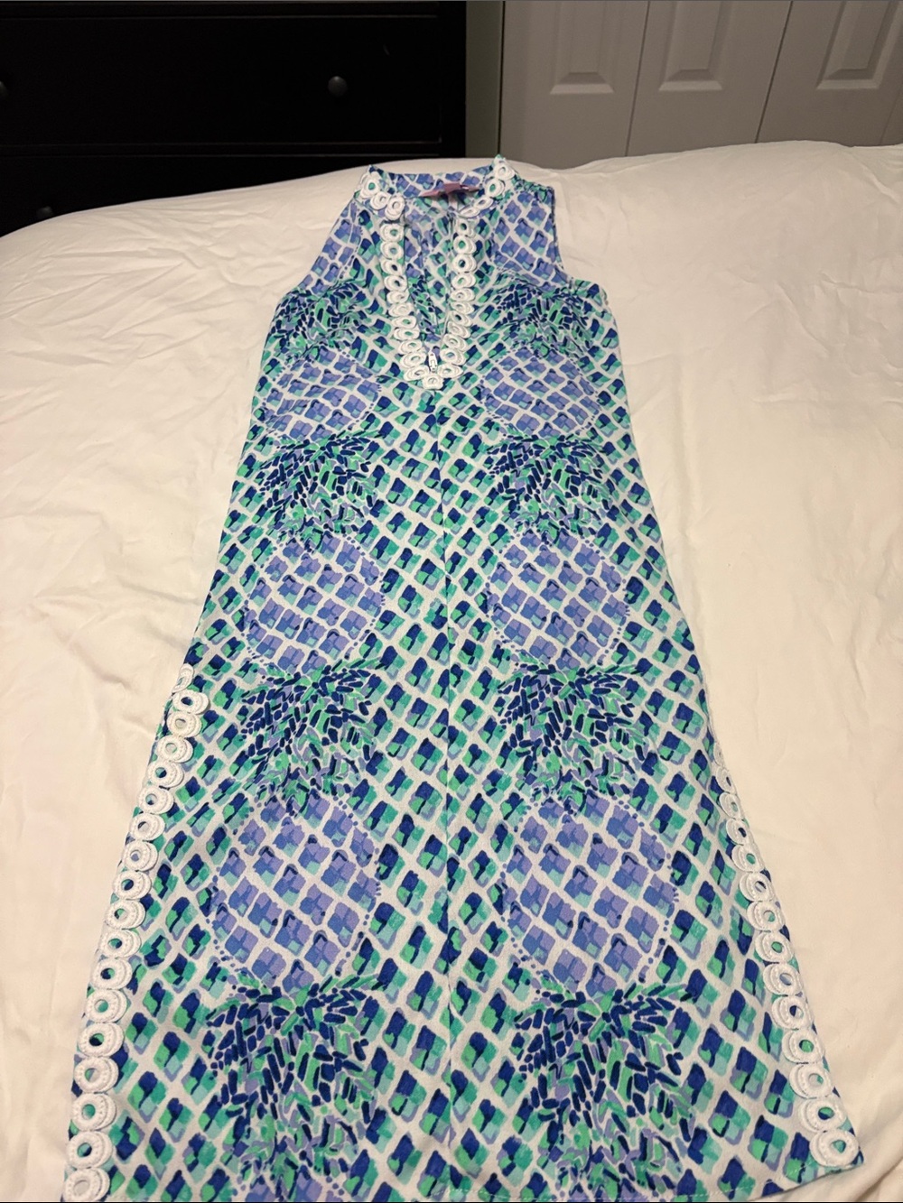 Lilly Pulitzer Blue Green Geometric Print Shift Dress with White Trim